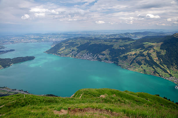Fantastic panoramic view from Mount Rigi on Lake Lucerne and the Alps in the background.