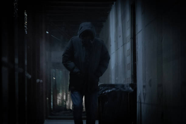 A sinister silhouette of a hooded figure moves through a dark alley, shrouded in smoke and shadows. The tense, mysterious atmosphere makes this image perfect for thriller, crime, horror movie projects, or artistic photography. The dark tones and blurred details enhance the sense of danger and uncertainty. Ideal for posters, book covers, ad campaigns, or website designs needing a dramatic effect.
