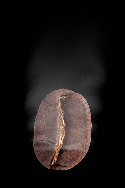 Roasted coffee beans with aromatic smoke - authentic close-up image on transparent.