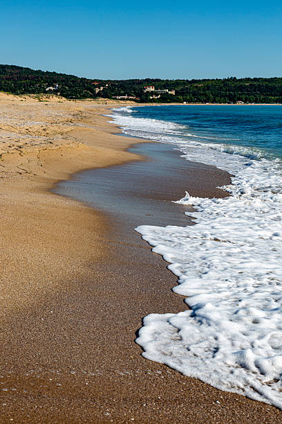 istock Seascape with beach, waves, sun and empty blue sky 2229035523