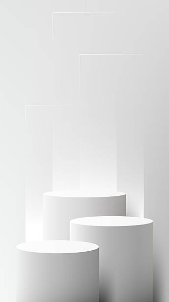 istock podium product background display for modern mockup with white cylinders on gray floor subtle shadows minimalist glowing lines clean scene for branding and showcase template design 2229037601