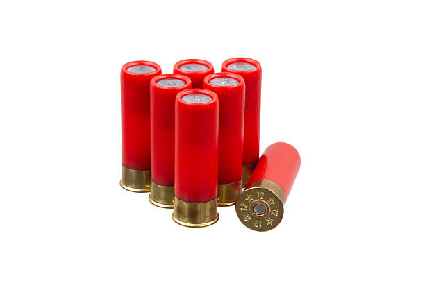 istock Six red shotgun shells with brass bases stand upright in a group. 2229037705