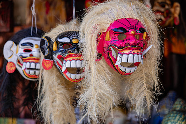 Traditional Rangda puppet mask - demon queen of the Leyaks in Bali spirit, Bali island symbol. Featured in Balinese mythology, rituals, Barong Dance. Culture, arts of Indonesian people.