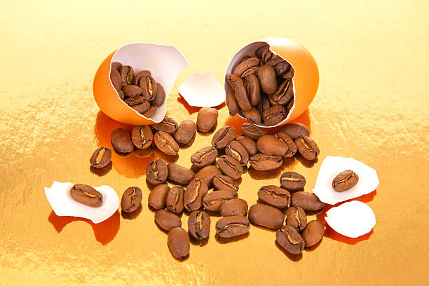 istock Creative still life of coffee beans emerging from a broken egg on a gold background, with eggshell pieces, blending surrealism and food concepts for advertising or decor. 2229051302