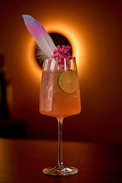 A Vibrant Cocktail with Floral Accents and Citrus Slices Perfectly Lit Against a Warm, Glowing Background in an Elegant Setting stock photo