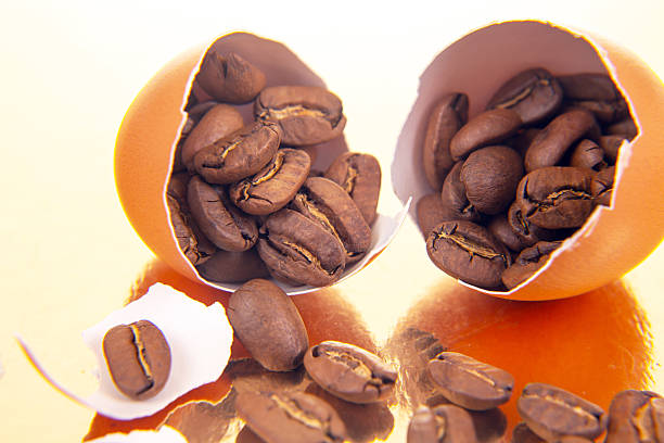 istock Surreal scene of coffee beans spilling from a cracked egg on a glossy gold surface, with eggshell shards, great for food blogs, coffee ads, or artistic stock collections. 2229052325