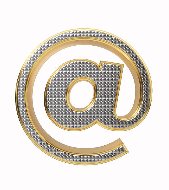 Silver colored at symbol with a gold outline isolated on white background.