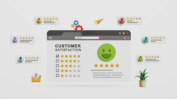 istock User rating, customer satisfaction online concept. Five star reviews, positive feedback, excellent user experience. 3D customer satisfaction rating interface 2229052412