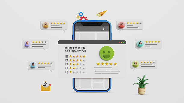 istock User rating, customer satisfaction online concept. Five star reviews, positive feedback, excellent user experience. Customer satisfaction rating interface on 3D mobile 2229052413