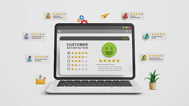 istock User rating, customer satisfaction online concept. Five star reviews, positive feedback, excellent user experience. Customer satisfaction rating interface on 3D laptop 2229052414