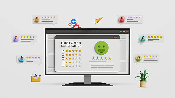 istock User rating, customer satisfaction online concept. Five star reviews, positive feedback, excellent user experience. Customer satisfaction rating interface on 3D computer 2229052451