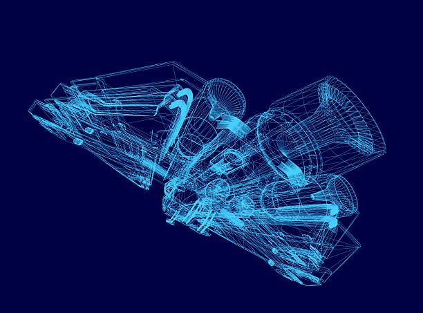 istock A 3D wireframe model of a futuristic spaceship with a detailed cockpit, powerful engines, and intricate structural components on a solid blue background. 2229052575