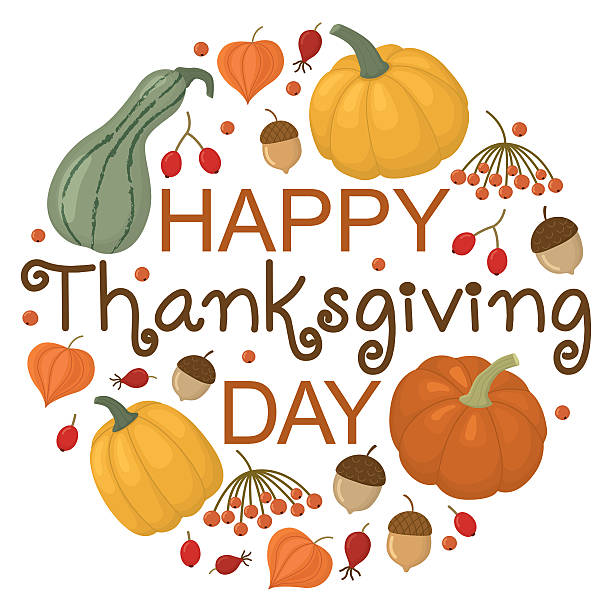 istock Happy Thanksgiving day round illustration with pumpkins, acorns and berries 2229060077