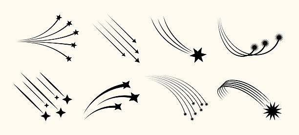 Fantasy star and shooting comet icons with speed trails and shining silhouettes. Use for abstract decoration, lucky gift cards or cosmic themed Y2K graphic elements.