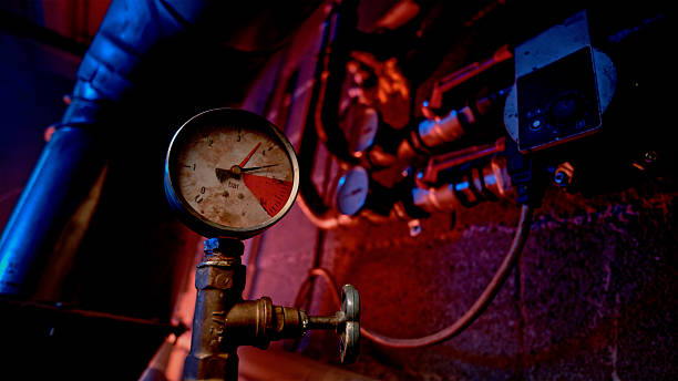 istock Rustic Industrial Pressure Gauge in Dimly Lit Mechanical Setting 2229063453