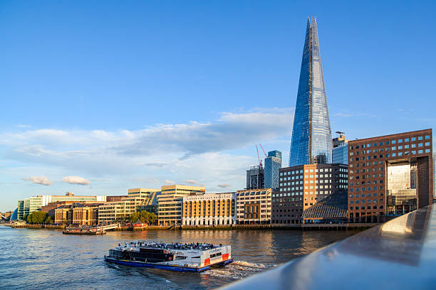 London’s modern skyline with The Shard and River Thames showcasing urban architecture and water transport.