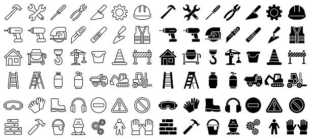 illustrations, cliparts, dessins animés et icônes de outils de construction et icônes de sécurité avec des motifs en noir et blanc - chantier de construction