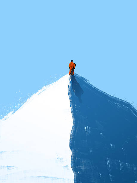 Creative collage of snowboarder standing at snowy mountain summit with blue shadow and clear sky. Concept of achievement, winter solitude, mountain exploration, and goal-focused mindset.