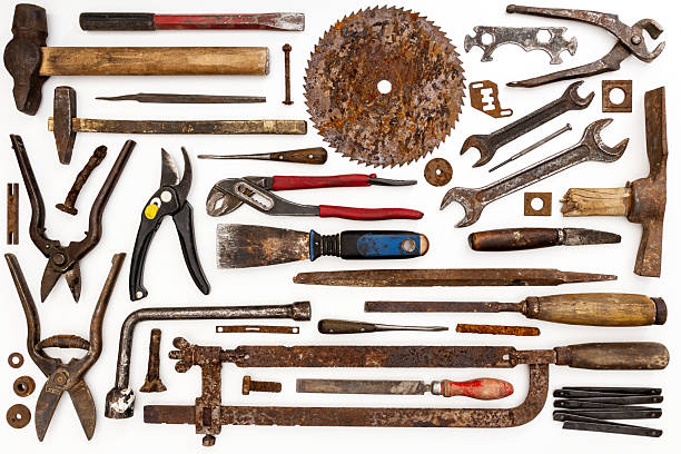 istock Flat lay of old hand tools on white background. 2229075466