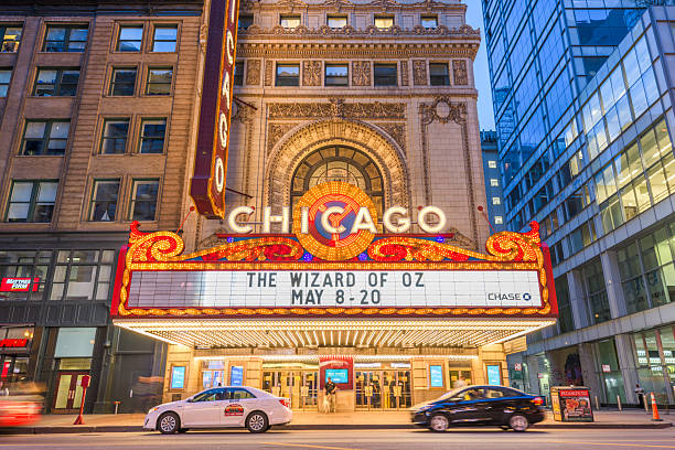 Chicago, Illinois, USA - May 10, 2018: The landmark Chicago Theatre on State Street at twilight. The historic theater dates from 1921.