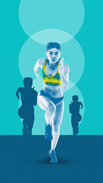 Creative digital artwork of focused female runner in motion with blue silhouettes on gradient background