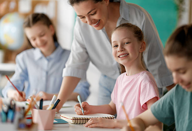 istock Happy kids and teacher at school 2229077277