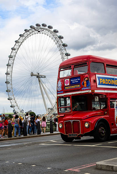 Tourists on Westminster Bridge with London eye in the background. Shot 25 July 2023.
