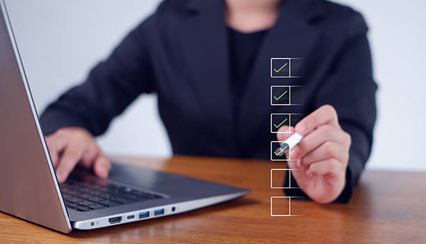 istock Businesswoman mark checkboxes, Survey form, check marks on checklist,Checklist concept. 2229082470