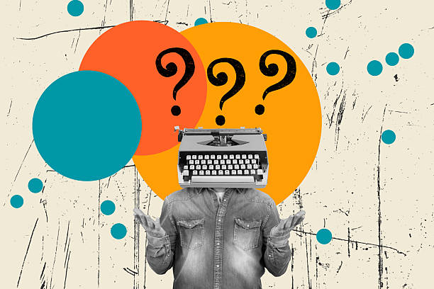 istock Collage of a man with a typewriter in the head, with open hands gesture on a background with question marks and colored circles 2229084175