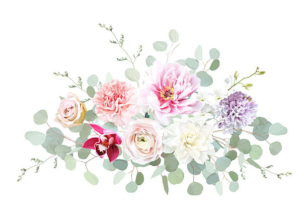 Bright pink peony, white dahlia, orchid, hyacinth, ranunculus, eucalyptus, greenery vector design wedding spring bouquet. Horizontal banner. Floral summer watercolor.Elements are isolated and editable
