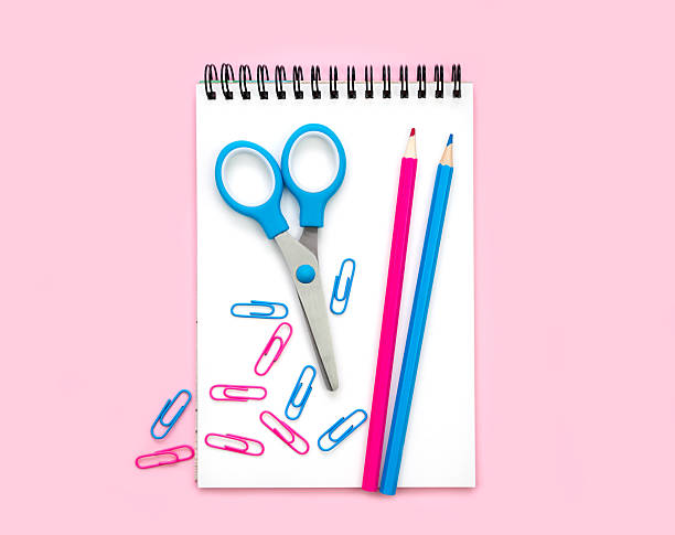 istock Notebook, pencils, scissors and paperclips on a pink background. Back to school. Minimalist flatlay composition. Top view. 2229090779