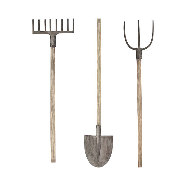 istock A set of watercolor illustrations with garden tools: a shovel, a rake, a pitchfork 2229092047