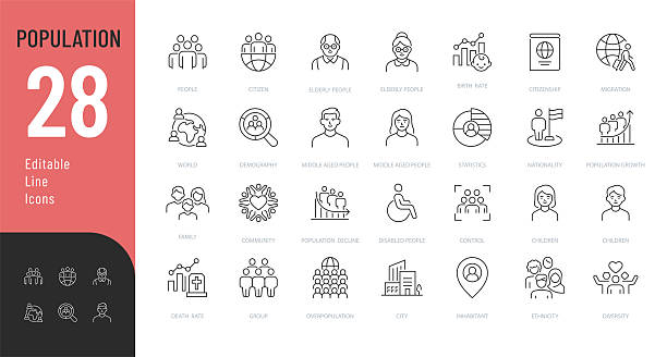 Population Editable Icons set. Vector illustration in modern thin line style of people related icons: demography, family, ethnicity, and more. Isolated on transparent background. demography stock illustrations