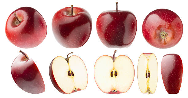 istock Fresh red apples rich collection - glossy red apples - whole, half and quarter with tail, different sides, isolated on white background. Studio shot. Summer natural food, fruits as design elements. 2229110779
