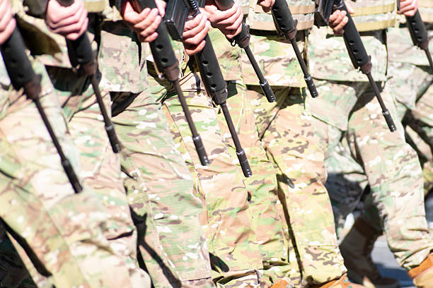 infantry units parading with their military firearms, highlighting their training and synchronization.