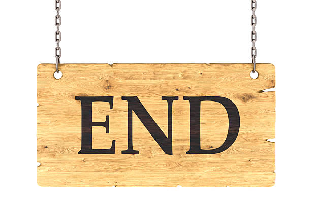 istock END wooden sign on chains. 3D rendering 2229137279