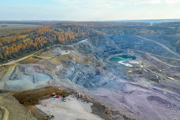 Marble quarry in the Siberian landscape, marble mining.
