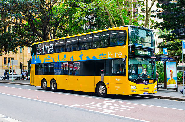 Sydney, Australia. – On January 9, 2018. - B-Line is modern yellow double deck buses which provide frequent and reliable services on Sydney's Northern Beaches and Lower North Shore.