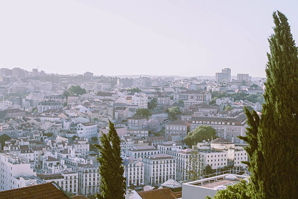 Lisbon, Portugal - May 31, 2019: A view of downtown Lisbon shows characteristic buildings with tree canopies emerging between them, blending architecture and greenery.