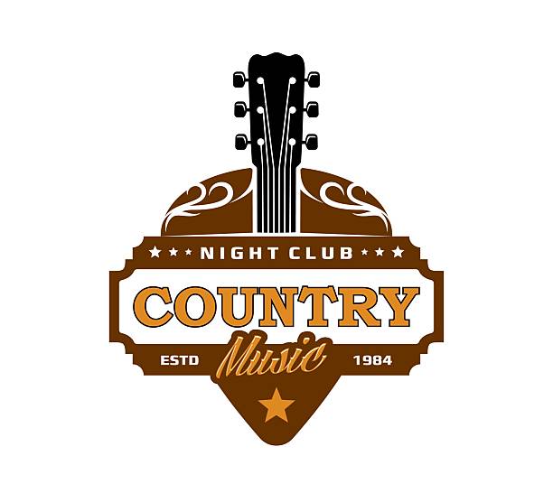 Country music icon of guitar and pick for night club or saloon bar, vector badge. Country music sign for American nightclub or Western concert bar, recording studio label and Texas musical band