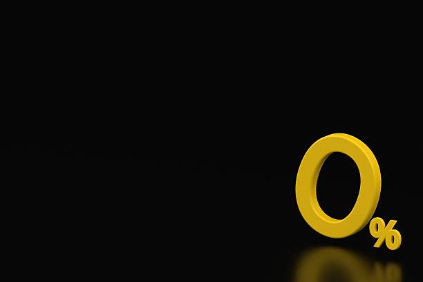 Yellow 3D zero percent sign on black background, representing discount, free offer, or zero interest deal.