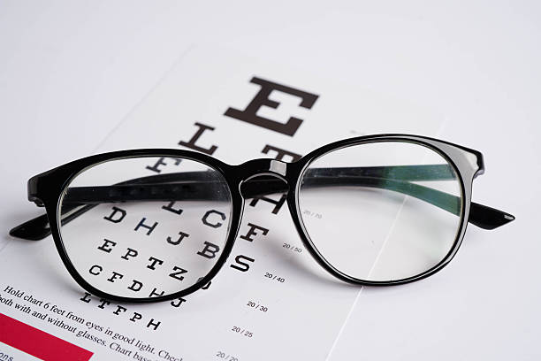 istock Glasses on eye exam chart to test eyesight accuracy of reading. 2229167420