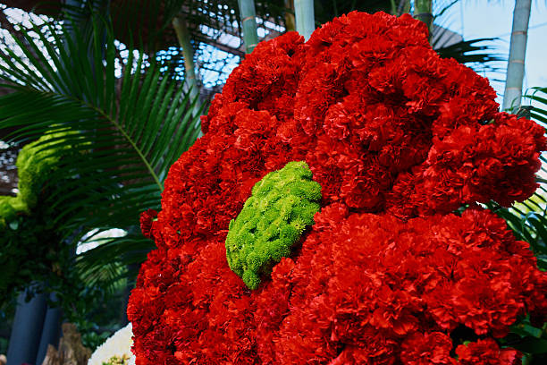 A vibrant floral arrangement featuring a massive red flower design with a striking green center, displayed outdoors with tropical plants in the background. The image conveys elegance, creativity, and natural beauty, making it perfect for themes related to decoration, gardening, celebrations, and floral art.