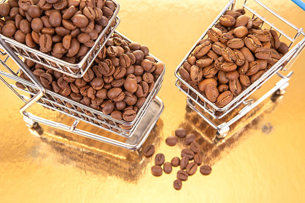 istock Roasted coffee beans in orderly rows on a reflective golden backdrop, emphasizing their warm brown shades and cracked details. Great for beverage visuals. 2229175182