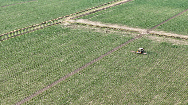 istock Drone surveys vast agricultural fields capturing a lone tractor applying vital crop protection substances to enhance yield and plant health in a vibrant green landscape 2229175769
