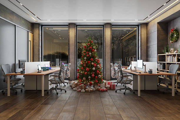 istock Modern Office Interior Decorated with Christmas Tree and Gifts 2229180967