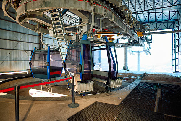 Cable car cabins rotating in the hangar before going up the mountain, ready to transport skiers and snowboarders to the top of the snowy slopes