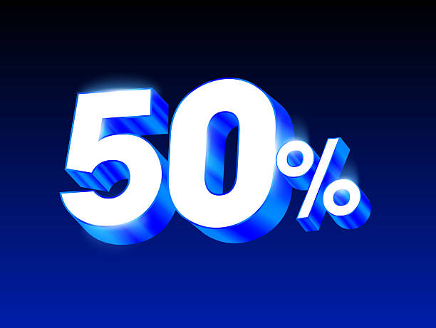 istock 3d 50% or 50 percent rendered in luxurious blue metal style, vector illustration. 50 percent icon in 3d vector 2229190643