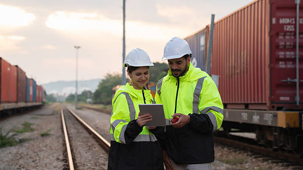istock Foreman checking inventory or task details on freight train cars and shipping containers. Logistics concept, import, and export industries. 2229191894