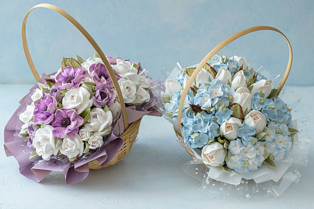 istock Two beautifully arranged floral baskets featuring purple and white roses alongside blue hydrangeas, showcasing vibrant colors and intricate details, perfect for celebrations or decorative purposes 2229196600